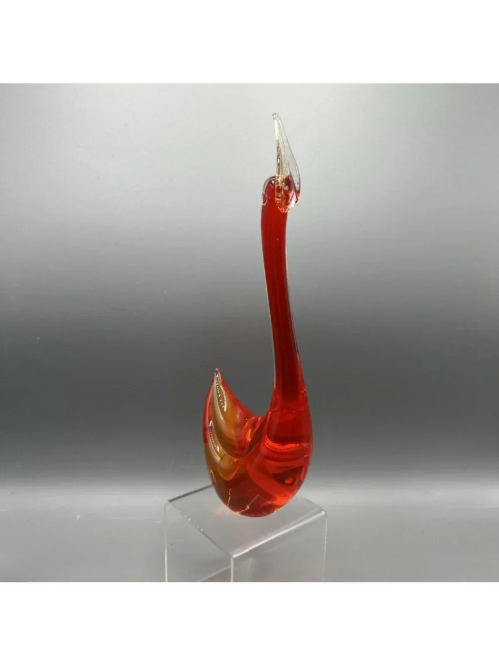 Murano Red Orange Glass Swan w/ Gold Bill Vtg Figurine 9.5 in Long Necked Italy
